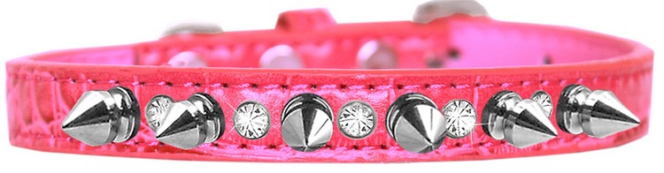 Silver Spike and Clear Jewel Croc Dog Collar Bright Pink Size 10